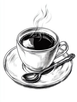recommend clip art: Black and white Vintage engraved art of a steaming cup of coffee with a saucer and spoon, isolated on white background, ink sketch illustration, simple vector art design, highly detailed line art