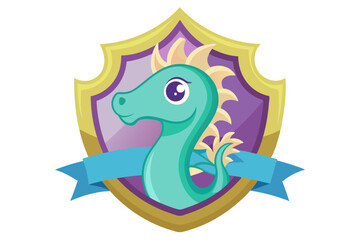 Fototapeta premium Cartoon Sea Horse in a Golden Shield with a Blue Ribbon