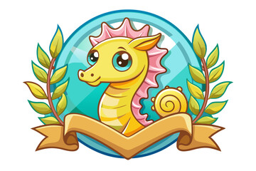 Fototapeta premium Cartoon Sea Horse with Pink Fin and Ribbon Banner