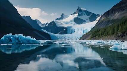 Fototapeta premium A majestic glacier stands tall in the center of a vast national park, its icy blue hues reflecting the surrounding mountains and forests.
