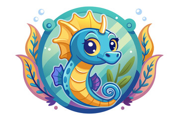 Fototapeta premium Cartoon Seahorse with Big Eyes in a Circular Frame with Floral Accents