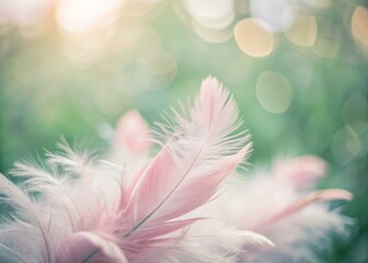 Obraz premium Soft, whimsical watercolor illustration of vibrant pink feathers on a pastel background, featuring a delicate, fuzzy peach-colored plumage and plenty of copy space for text or design.