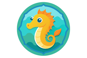 Fototapeta premium Cartoon Seahorse with Big Eyes in a Green Circle