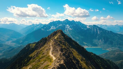 Obraz premium Breathtaking aerial view of a majestic mountain range under a vibrant blue sky with scattered clouds and serene lake in the valley.