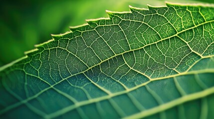 Fototapeta premium A close-up of a green leaf with intricate veins, highlighting the beauty of nature's design