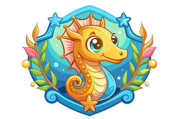 Obraz premium Cute Cartoon Seahorse in a Blue Frame with Stars and Seaweed