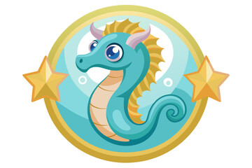 Fototapeta premium Cartoon Seahorse with Big Eyes and Golden Stars