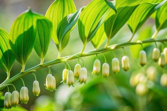 Fresh green underripe berries of fragrant Polygonatum odoratum plant, also known as scented Solomon's seal, hang from stem with copy space, against soft blurred background.