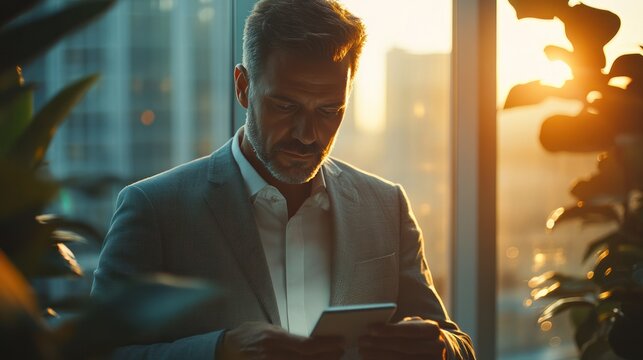 A business professional using a digital device in a sleek, modern office, highlighting the integration of technology in business.