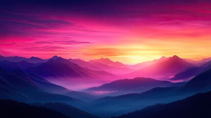 Vibrant sunset over mountain range, showcasing a blend of pink and purple hues amidst misty valleys and tranquil scenery.
