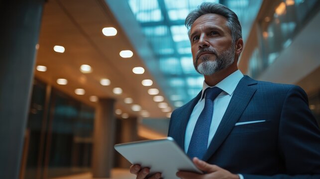 A businessman confidently holding a tablet, ready to present his ideas in a corporate meeting.