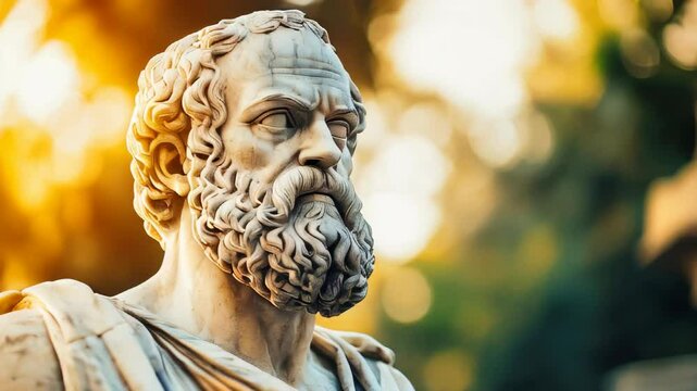 A white marble statue of Socrates, the ancient Greek philosopher