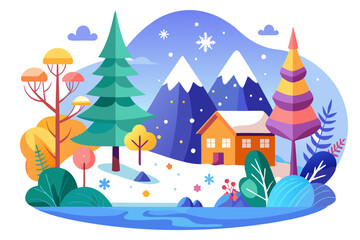 Colorful Winter Landscape with a Cozy House and Snowy Mountains