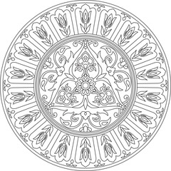 Vector linear contour round Turkish ornament. Ottoman circle, ring, frame. Muslim pattern for stained glass.