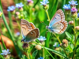 Obraz premium Delicate light blue wildflowers sway gently in a lush green field as two dainty butterflies flit and flutter around them on a sunny outdoor day.