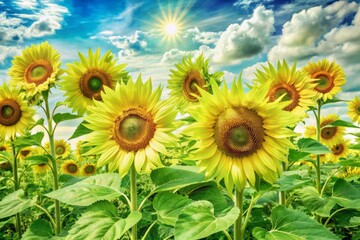 Obraz premium Vibrant watercolor sunflowers in full bloom sway gently in the breeze, set against a bright blue sky with wispy white clouds on a warm summer day.