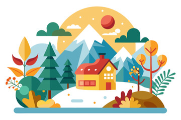 A yellow house with a red roof in a snowy mountain landscape