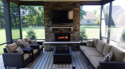 A living room with couches and a fireplace in the middle, AI