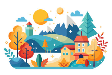 Colorful Illustration of a Town with Houses, Trees, and Mountains