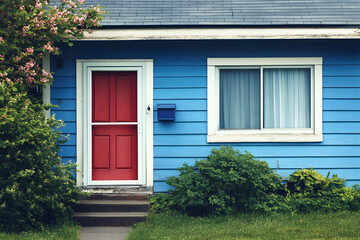 A charming blue house with a vibrant red door and lush greenery in front during a sunny afternoon in a quiet neighborhood
