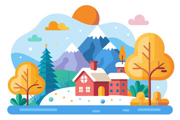 Cozy Winter House with Snowy Mountains and Trees