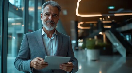 A confident businessman in a modern office, holding a tablet and reviewing business data.