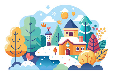 Winter Village Scene with Snow-Covered Houses and Trees