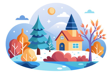 A Quaint Yellow House with a Blue Roof Surrounded by Trees and a River in a Snowy Landscape