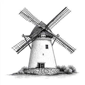 recommend clip art: Black and white Vintage engraved art of a traditional windmill, isolated on white background, ink sketch illustration, simple vector art design, highly detailed line art, high contrasty