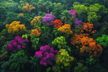 Fototapeta premium This stunning aerial view captures a forest with treetops in full autumn colors, showcasing a rich tapestry of nature's hues and the dynamic beauty of the changing seasons.