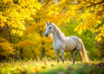 "Majestic unicorn stands alone in a vibrant yellow leaf-covered meadow, its shimmering coat and delicate wings a breathtaking contrast to the autumnal scenery."