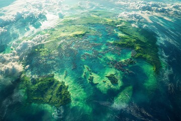 Fototapeta premium Aerial view of a lush, green island surrounded by clear blue waters, dotted with small villages and dense vegetation, depicting a serene and unspoiled paradise.