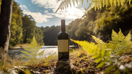 A bottle of wine positioned among ferns near a serene lake on a sunny day in nature