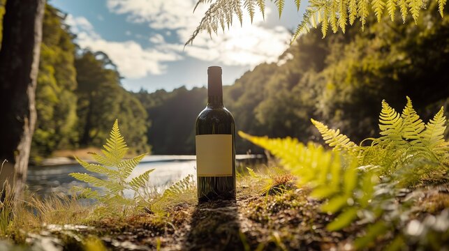 A bottle of wine positioned among ferns near a serene lake on a sunny day in nature