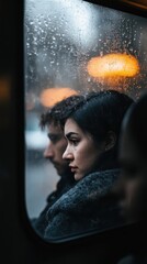 Two passengers gaze out through a rain-streaked window while traveling on a bus during a rainy day