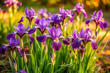 Vibrant purple iris flowers bloom in a lush natural landscape, spreading a beautiful violet groundcover among the swaying grass, creating a serene summer scene.