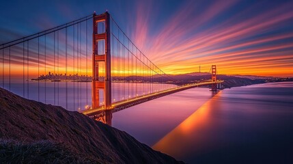 Obraz premium A golden gate bridge view during dawn, with the sky transitioning from dark to light