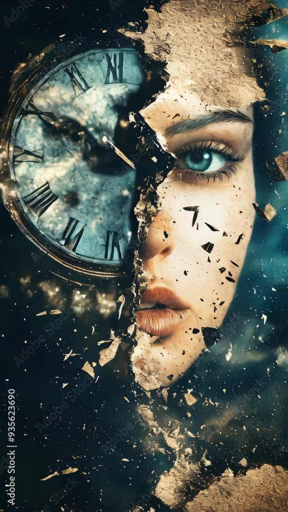 Poster a double exposure image of a woman's face and a broken clock. time related concept.