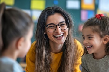 Obraz premium Happy kids and teacher at school. Woman and children are talking in the class. generative ai