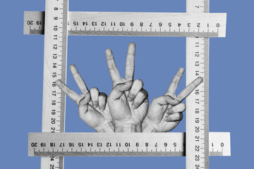 Collage with a of male hand showing victory sign and wooden rules	