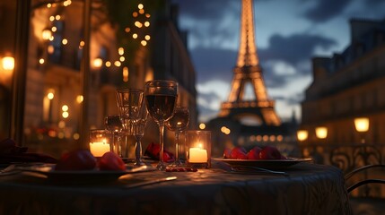 37. A romantic Parisian holiday scene with a candlelit dinner and the Eiffel Tower in the background