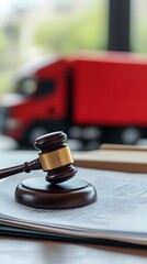 A gavel and a truck model on a table, blurred background. A concept of arms law for commercial transportation