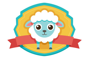 Cartoon sheep with red ribbon in a yellow and blue shield