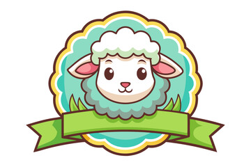 Obraz premium Cute Cartoon Sheep with Green Banner and Yellow Frame