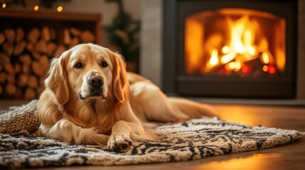 A golden retriever lying on a cozy rug by the fireplace, capturing warmth and relaxation