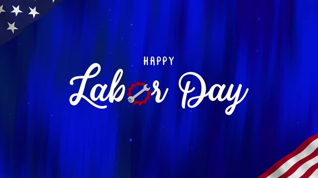 Animation of USA happy labor day, lettering text with USA flag. blue gradient background with motion lines and sparkles. suitable to use for labor day celebrations and greetings