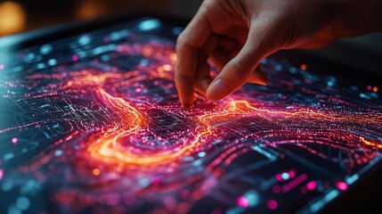 Naklejka premium Modern digital navigation map on a touchscreen with bright, colorful interface showcasing detailed routes and waypoints, overlaid with topographical features and maritime data, hand interacting with t