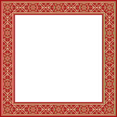 Vector square gold with red border, frame, Pompeii. Rectangle Neopolitan ornament. Art of Ancient Rome. Template for stained glas