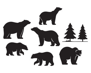 Polar bear silhouettes set, large pack of vector silhouette design, isolated white background ,Grizzly bear or polar bear silhouette flat vector icon for animal wildlife apps and websites