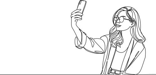 continuous single line drawing of young woman with glasses taking selfie with smartphone, line art vector illustration
